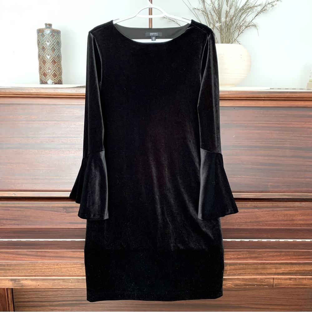 IMNYC Black Velvet Bell Sleeve Sheath Dress, Size Medium